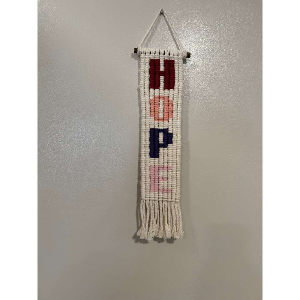 Handmade Macrame HOPE Wall Hanging Boho Fiber Art Decor Cream Multicolored 16"